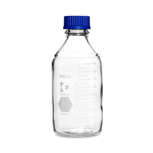 Frasco para laboratorio 1000mL con tapa a rosca azul y anillo PP, marca Kimax